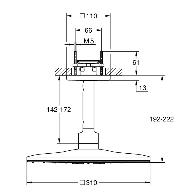 Palarie dus fix Grohe Rainshower 310 SmartActive, 31x31 cm cu brat, montaj pe tavan, cupru mat (brushed warm sunset)