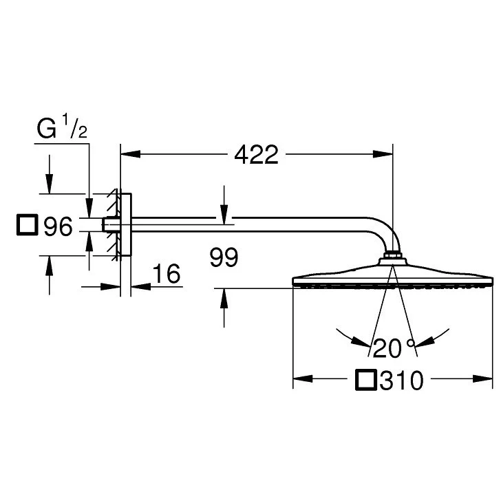 Palarie dus fix Grohe Rainshower Mono 310, 31x31 cm cu brat, montaj pe perete, crom