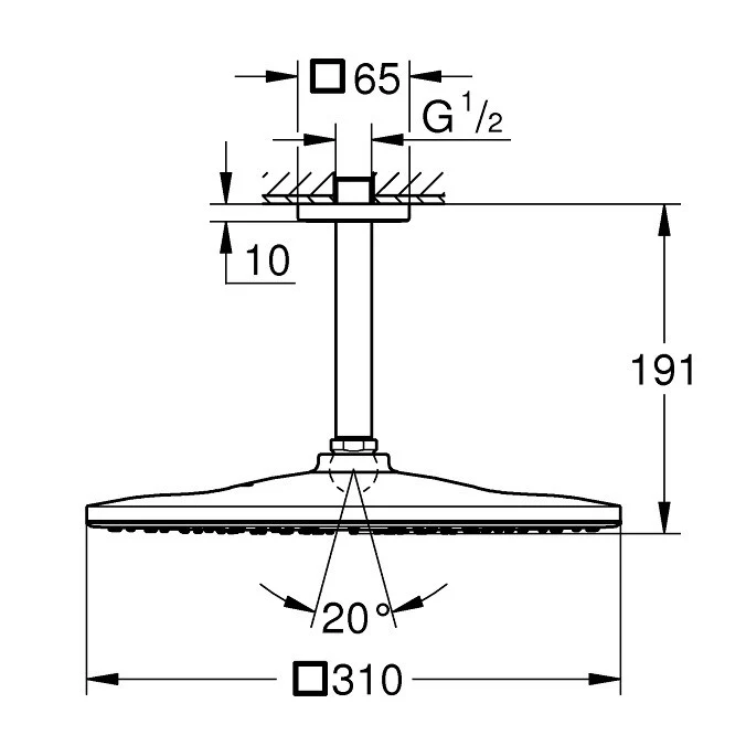 Palarie dus fix Grohe Rainshower Mono 310, 31x31 cm cu brat, montaj pe tavan, cupru mat (brushed warm sunset)