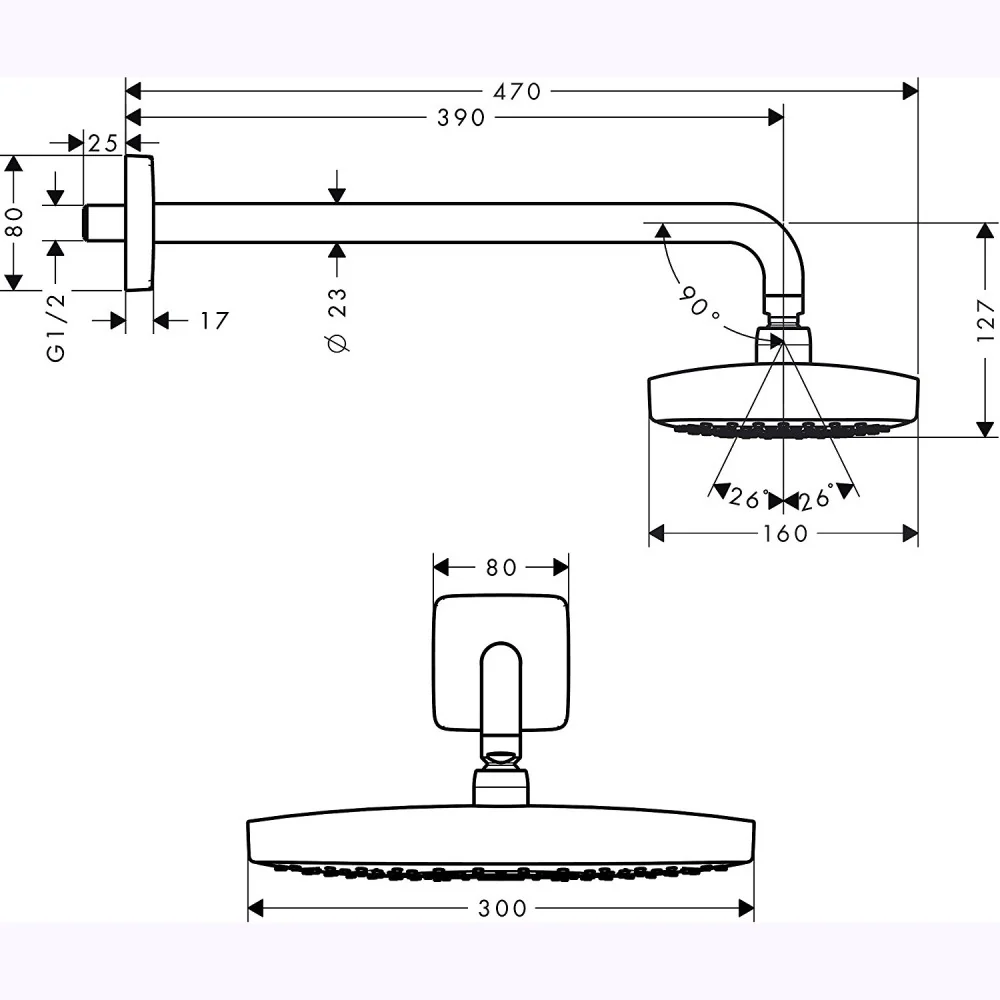 Palarie dus fix Hansgrohe Raindance Select E 300 2jet, cu brat orizontal, crom