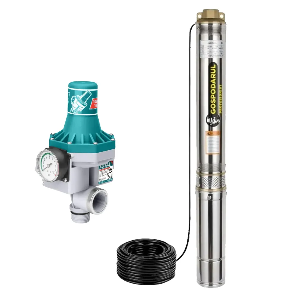 Pompa submersibila apa curata Gospodarul Profesionist 4QJD-1100, 8 turbine POM- 1100W, cablu 25m, 6000 l/h + Presostat Total