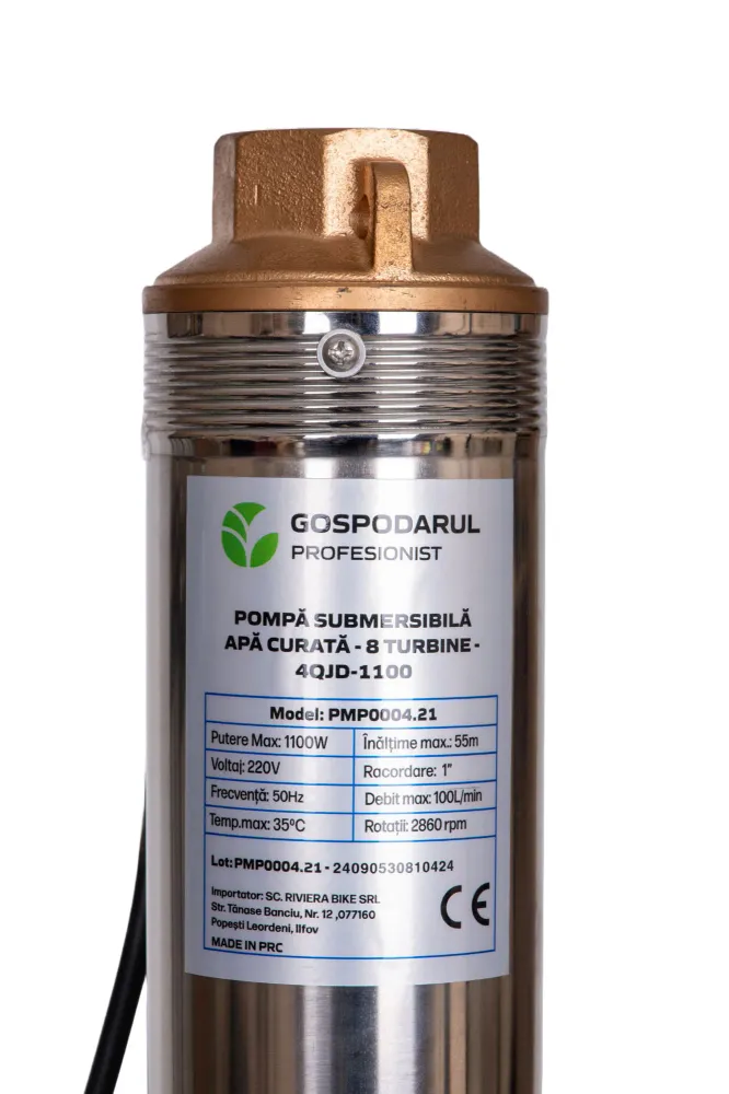 Pompa submersibila apa curata Gospodarul Profesionist 4QJD-1100, 8 turbine POM- 1100W, cablu 25m, 6000 l/h