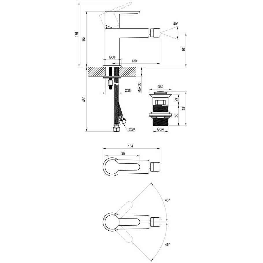 Ravak Puri Baterie bideu monocomanda, ventil click-clack, negru mat