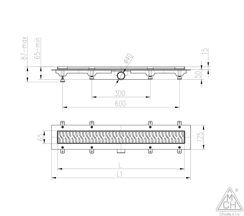 Rigola de interior MCH cu gratar de inox SQUARE lucioasa, 350 mm
