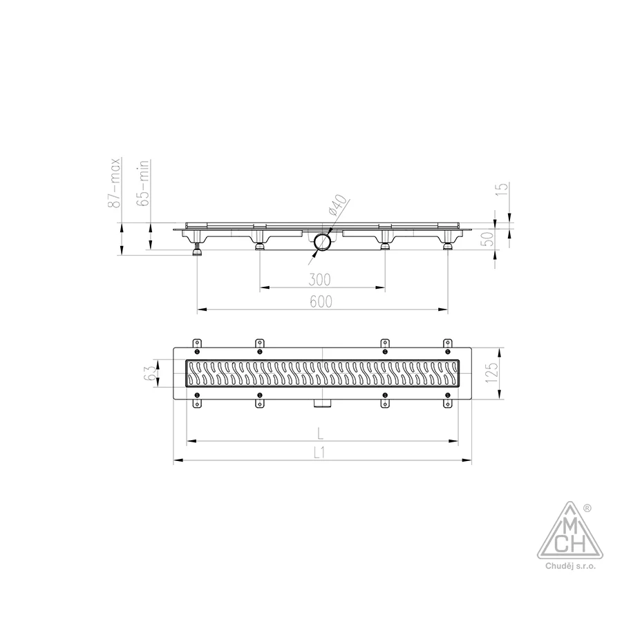 Rigola de interior MCH cu gratar de inox SQUARE lucioasa, 950 mm