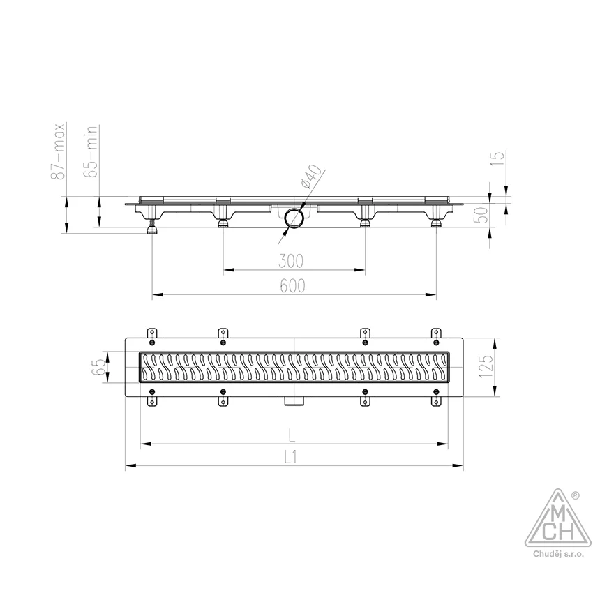 Rigola de interior MCH cu rama si gratar de inox DROPS lucioasa, 350 mm