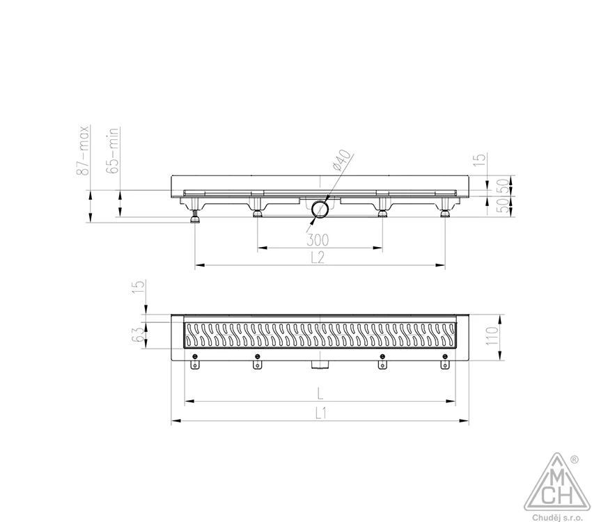 Rigola de interior montate la perete MCH cu gratar de inox SQUARE mata, 750 mm