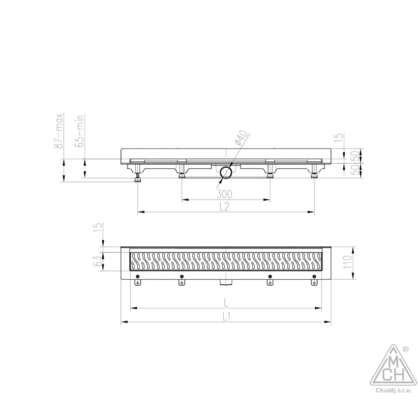 Rigola de interior montate la perete MCH cu rama si gratar de inox BASIC lucioasa, 350 mm