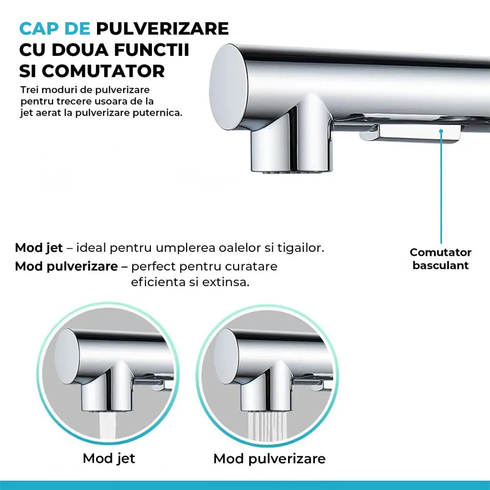 Robinet Bucatarie Elindor® cu Maner Unic, Pulverizator Retractabil, Otel Inoxidabil, Argintiu