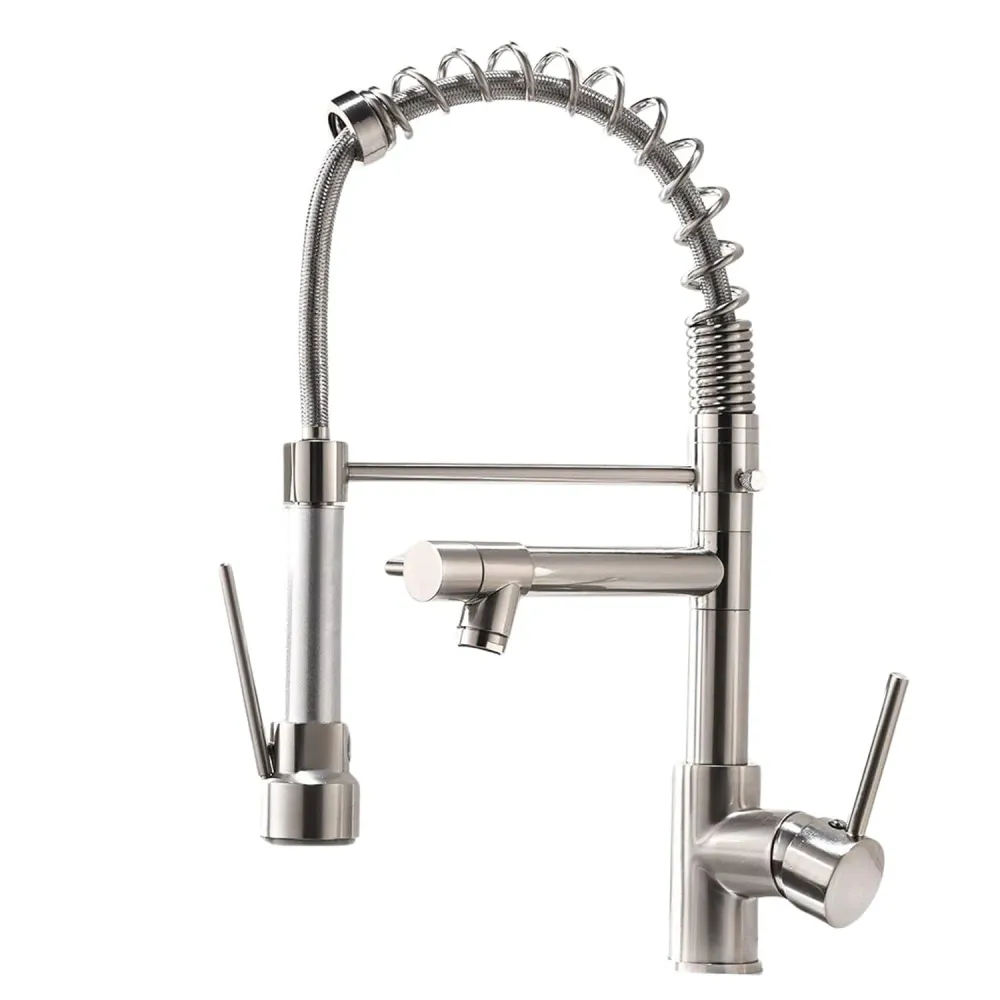 Robinet Elindor pentru chiuveta de bucatarie, modern, din otel inoxidabil cu manere simple, dus extractabil, finisaj niche...