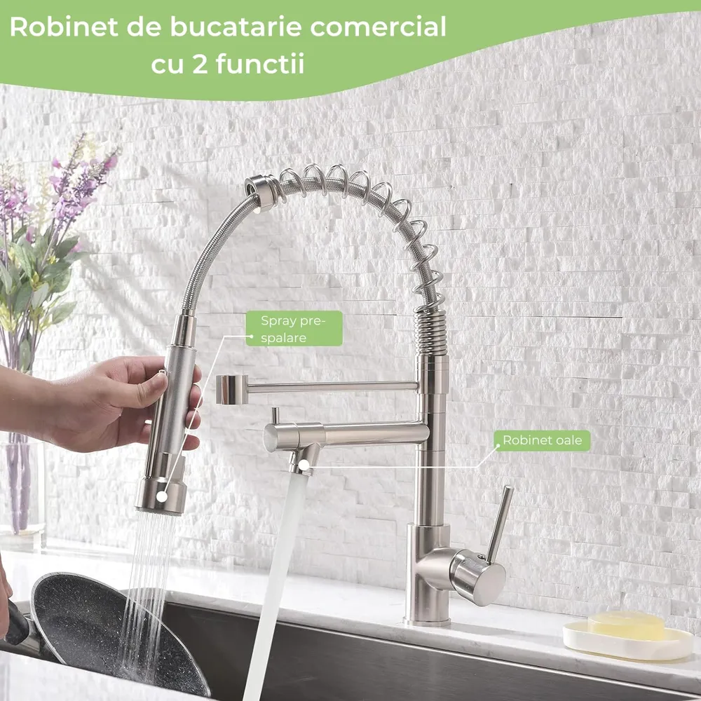 Robinet Elindor pentru chiuveta de bucatarie, modern, din otel inoxidabil cu manere simple, dus extractabil, finisaj niche...