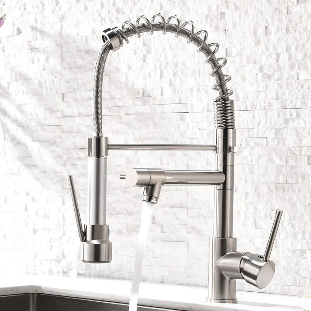 Robinet Elindor pentru chiuveta de bucatarie, modern, din otel inoxidabil cu manere simple, dus extractabil, finisaj niche...