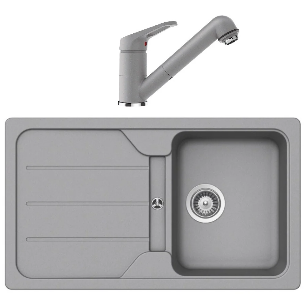 Schock Formhaus D-100 Set chiuveta bucatarie granit Cristalite 86x50 cm si baterie cu dus extractibil Cosmo Croma, gri des...