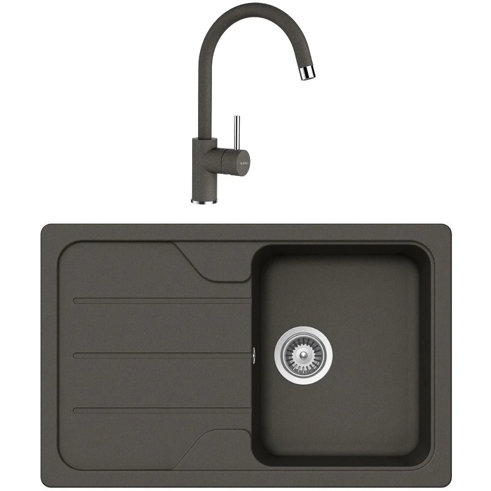 Schock Formhaus D-100S Set chiuveta bucatarie granit Cristalite 78x50 cm si baterie monocomanda Plutos Asphalt, gri inchis