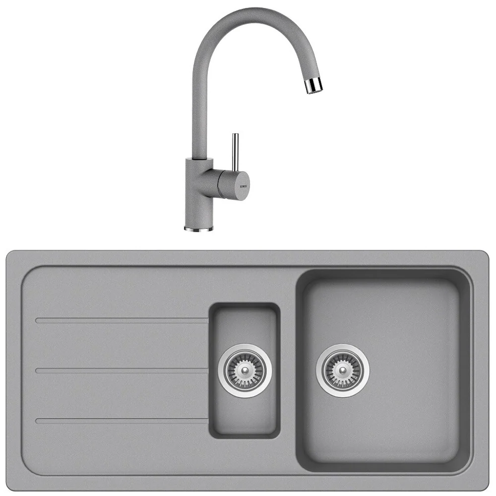 Schock Formhaus D-150L Set chiuveta bucatarie granit Cristalite 116x50 cm si baterie monocomanda Plutos Croma, gri deschis