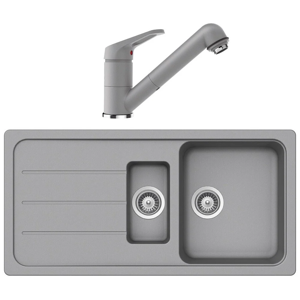 Schock Formhaus D-150L Set chiuveta bucatarie granit Cristalite 116x50 cm si baterie cu dus extractibil Cosmo Croma, gri d...