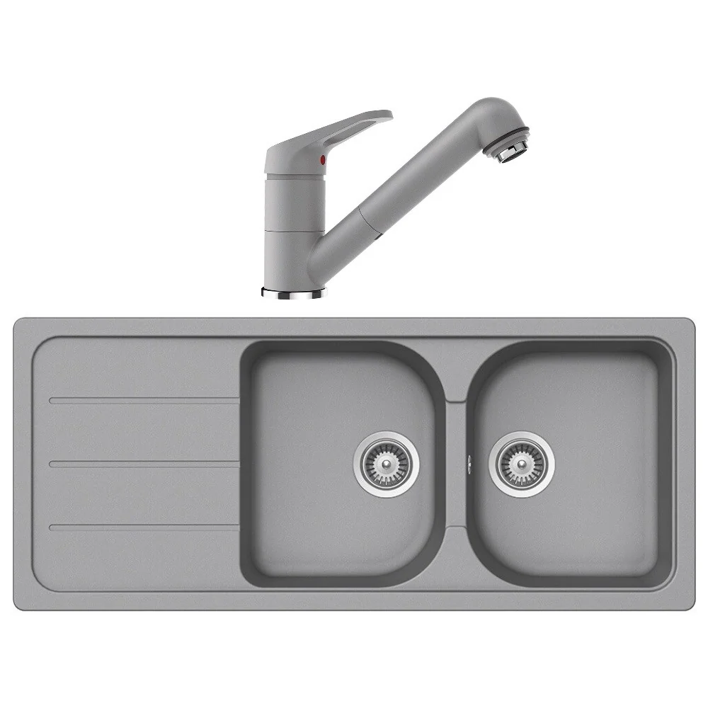 Schock Formhaus D-200 Set chiuveta bucatarie granit Cristalite 116x50 cm si baterie cu dus extractibil Cosmo Croma, gri de...