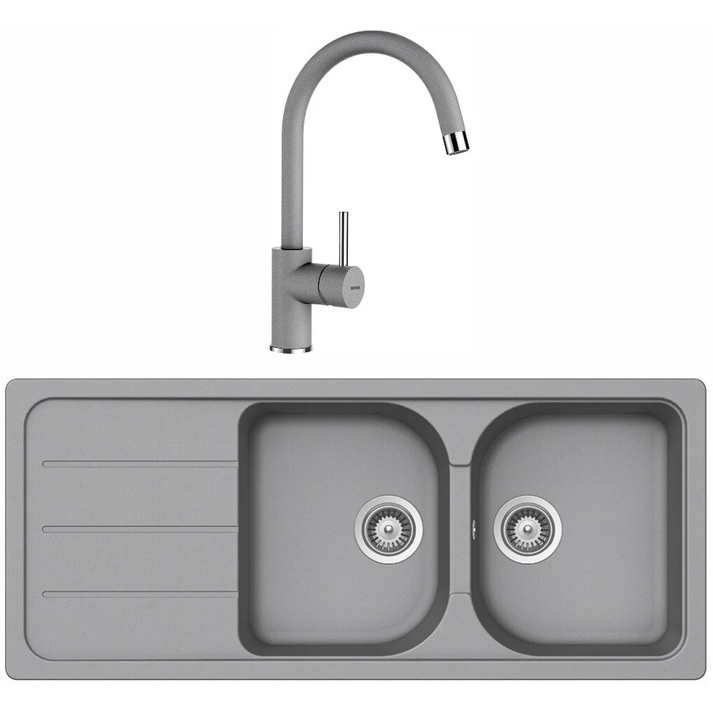 Schock Formhaus D-200 Set chiuveta bucatarie granit Cristalite 116x50 cm si baterie monocomanda Plutos Croma, gri deschis