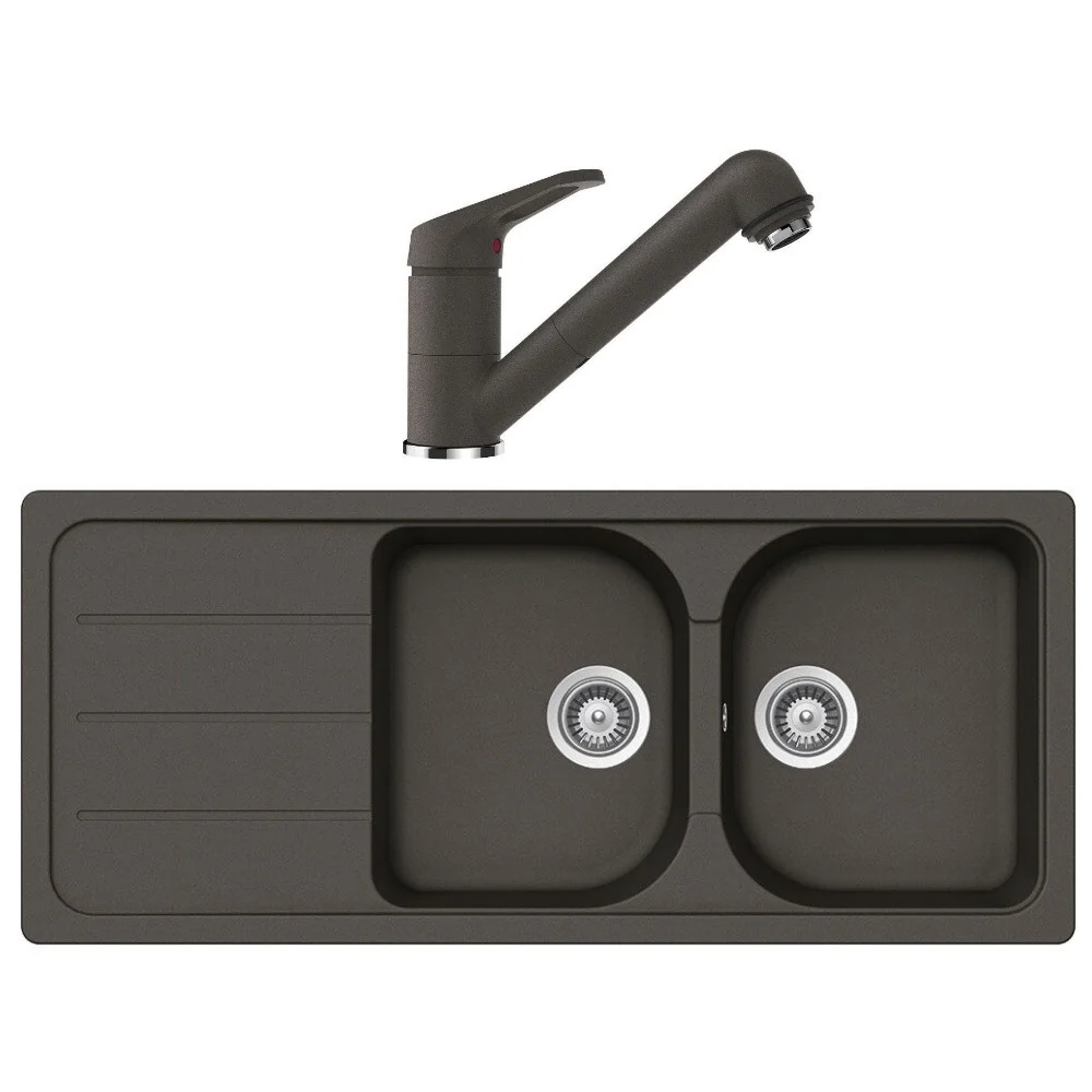 Schock Formhaus D-200Set chiuveta bucatarie granit Cristalite 116x50 cm si baterie cu dus extractibil Cosmo Asphalt, gri i...