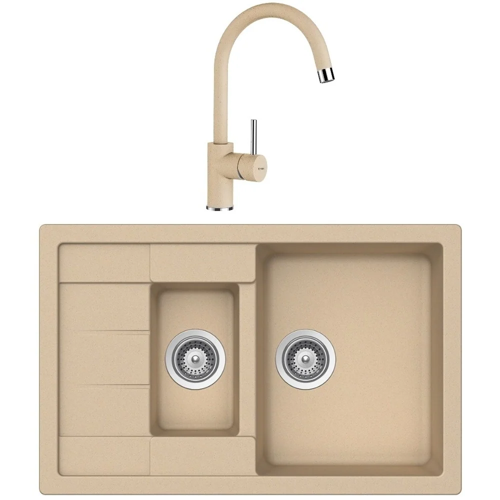 Schock Manhattan D-150S Set chiuveta bucatarie granit Cristalite 78x50 cm si baterie monocomanda Plutos Moonstone, crem