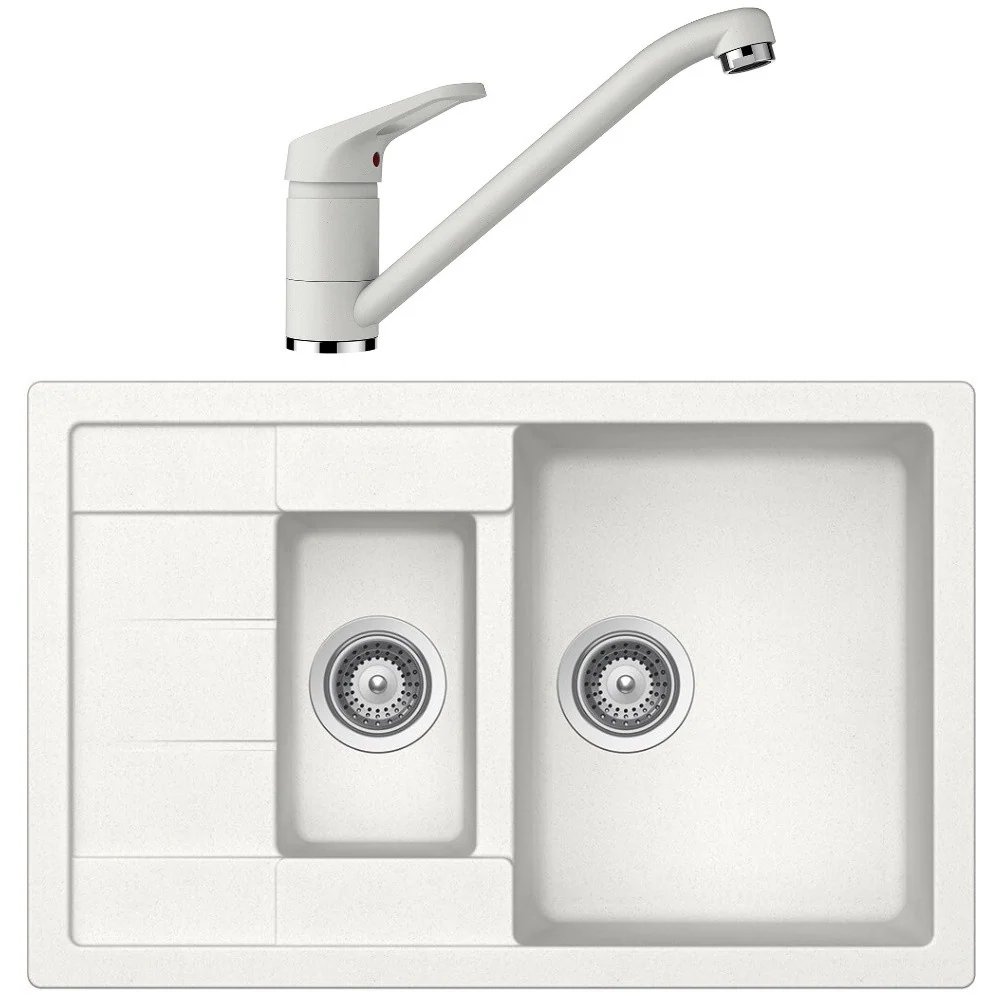 Schock Manhattan D-150S Set chiuveta bucatarie granit Cristalite 78x50 cm si baterie monocomanda Cosmo Alpina, alb