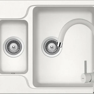 Schock Manhattan N-150 Set chiuveta bucatarie granit Cristalite 61x51 cm si baterie monocomanda Plutos Alpina, alb