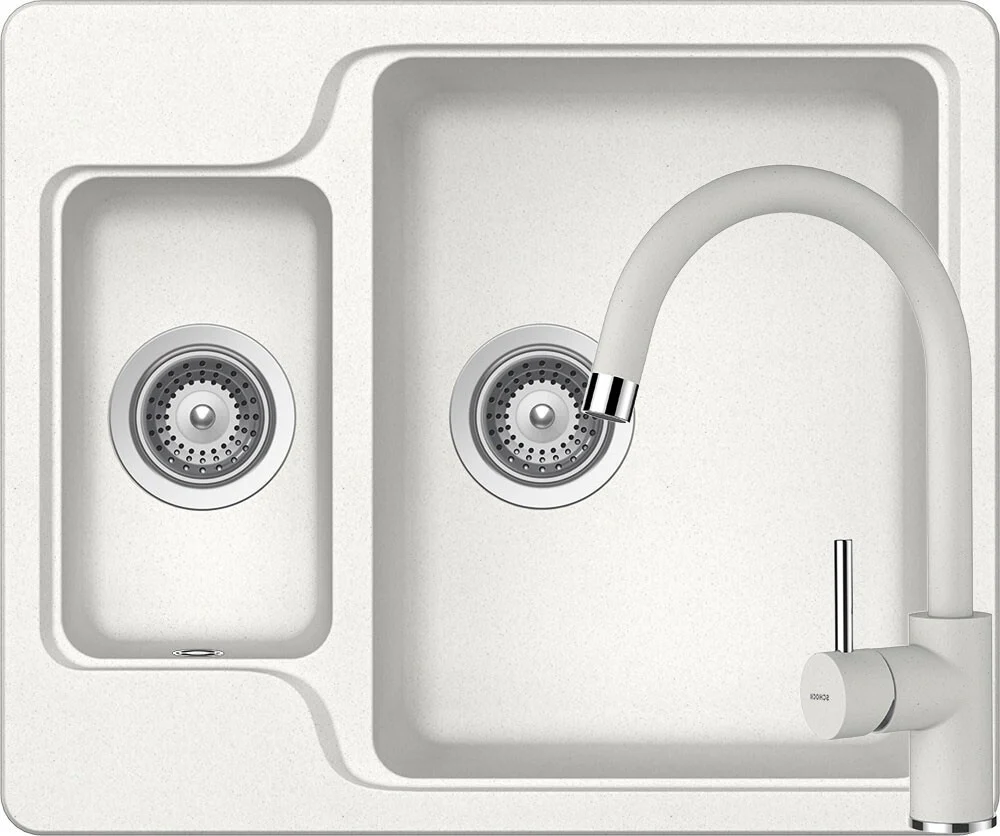Schock Manhattan N-150 Set chiuveta bucatarie granit Cristalite 61x51 cm si baterie monocomanda Plutos Alpina, alb