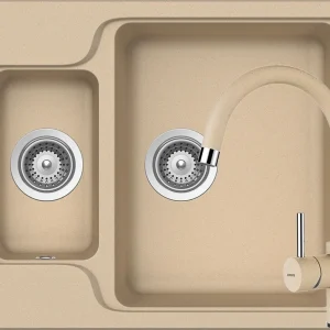 Schock Manhattan N-150 Set chiuveta bucatarie granit Cristalite 61x51 cm si baterie monocomanda Plutos Moonstone, crem