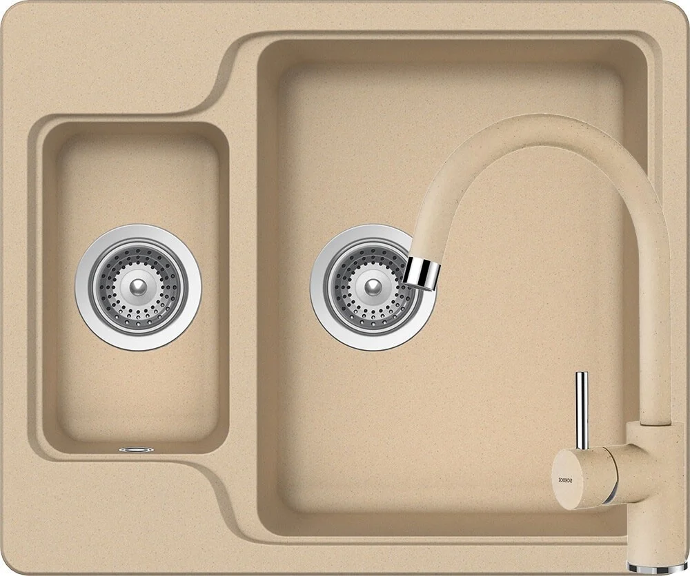 Schock Manhattan N-150 Set chiuveta bucatarie granit Cristalite 61x51 cm si baterie monocomanda Plutos Moonstone, crem