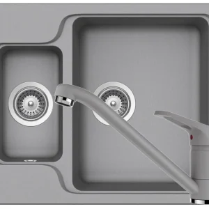 Schock Manhattan N-150 Set chiuveta bucatarie granit Cristalite 61x51 cm si baterie monocomanda Cosmo Croma, gri deschis