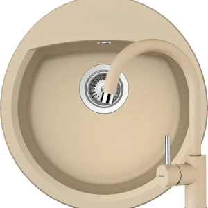 Schock Manhattan R-100 Set chiuveta bucatarie granit Cristalite Ø49 cm si baterie monocomanda Plutos Moonstone, crem