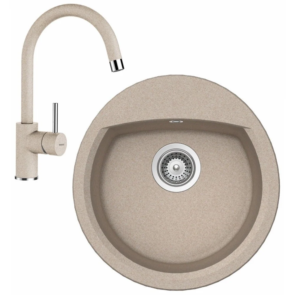 Schock Manhattan R-100 Set chiuveta bucatarie granit Cristalite Ø49 cm si baterie monocomanda Plutos Sabbia, bej