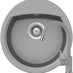 Schock Manhattan R-100 Set chiuveta bucatarie granit Cristalite Ø49 cm si baterie monocomanda Plutos Croma, gri deschis