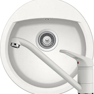 Schock Manhattan R-100 Set chiuveta bucatarie granit Cristalite Ø49 cm si baterie monocomanda Cosmo Alpina, alb