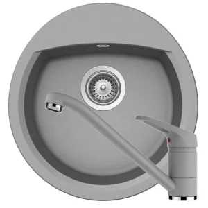 Schock Manhattan R-100 Set chiuveta bucatarie granit Cristalite Ø49 cm si baterie monocomanda Cosmo Croma, gri deschis