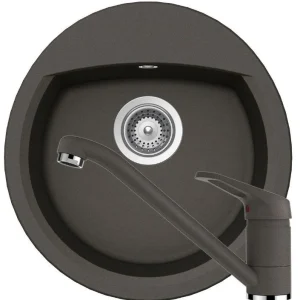 Schock Manhattan R-100 Set chiuveta bucatarie granit Cristalite Ø49 cm si baterie monocomanda Cosmo Asphalt, gri inchis