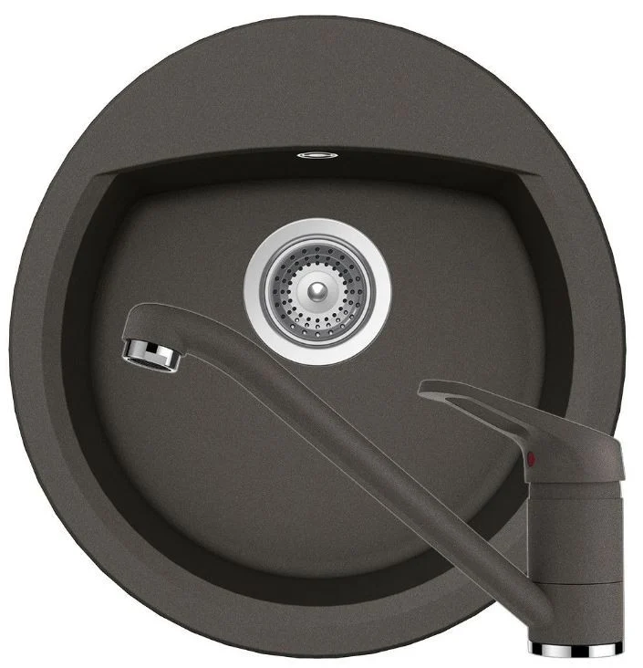 Schock Manhattan R-100 Set chiuveta bucatarie granit Cristalite Ø49 cm si baterie monocomanda Cosmo Asphalt, gri inchis