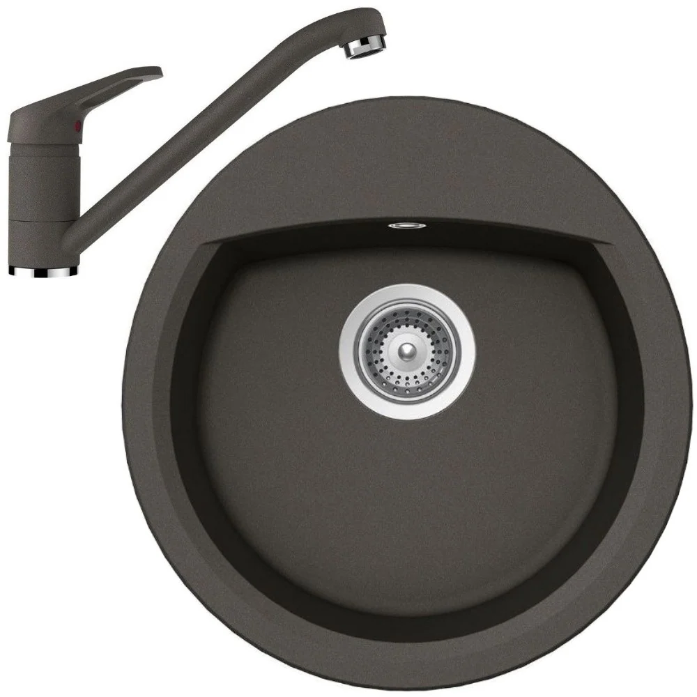 Schock Manhattan R-100 Set chiuveta bucatarie granit Cristalite Ø49 cm si baterie monocomanda Cosmo Asphalt, gri inchis