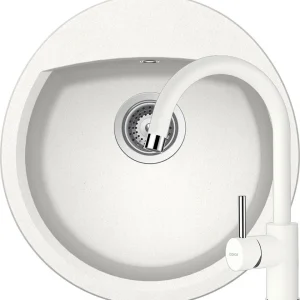 Schock Manhattan R-100 Set chiuveta bucatarie granit Cristalite Ø49 cm si baterie monocomanda Plutos Alpina, alb