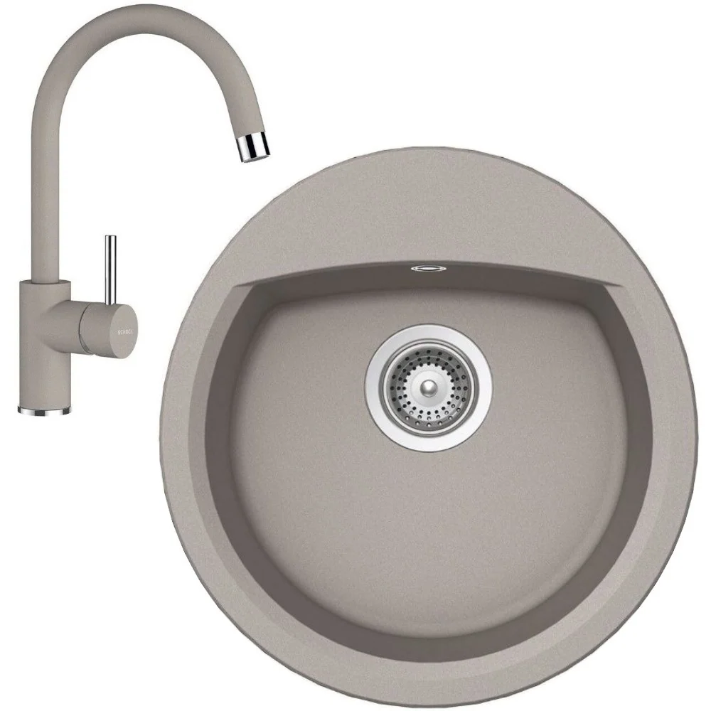 Schock Manhattan R-100 Set chiuveta bucatarie granit Cristalite Ø49 cm si baterie monocomanda Plutos Beton, gri