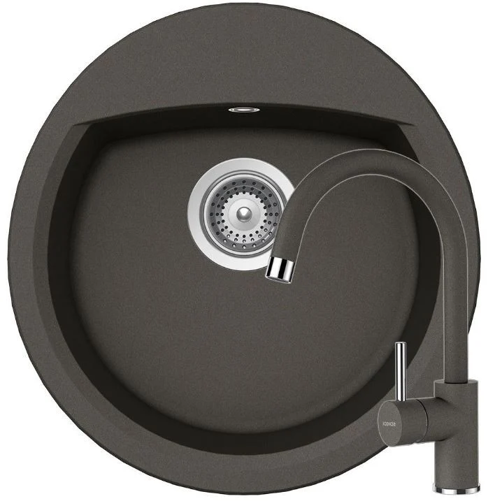 Schock Manhattan R-100 Set chiuveta bucatarie granit Cristalite Ø49 cm si baterie monocomanda Plutos Asphalt, gri inchis