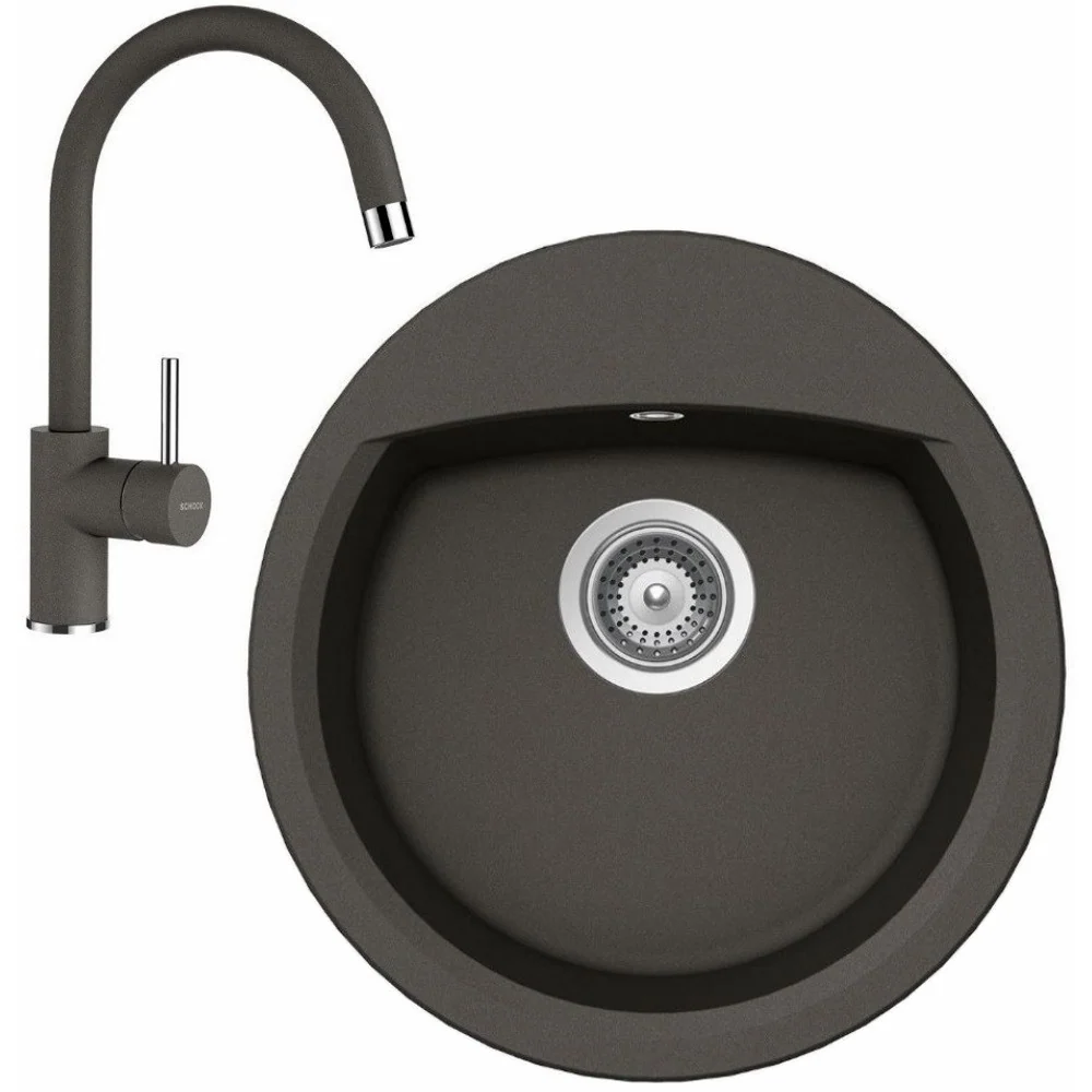 Schock Manhattan R-100 Set chiuveta bucatarie granit Cristalite Ø49 cm si baterie monocomanda Plutos Asphalt, gri inchis