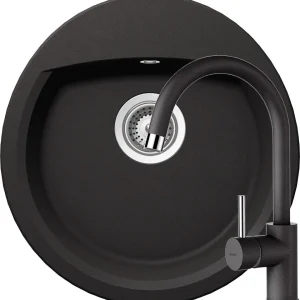 Schock Manhattan R-100 Set chiuveta bucatarie granit Cristalite Ø49 cm si baterie Plutos Nero, negru