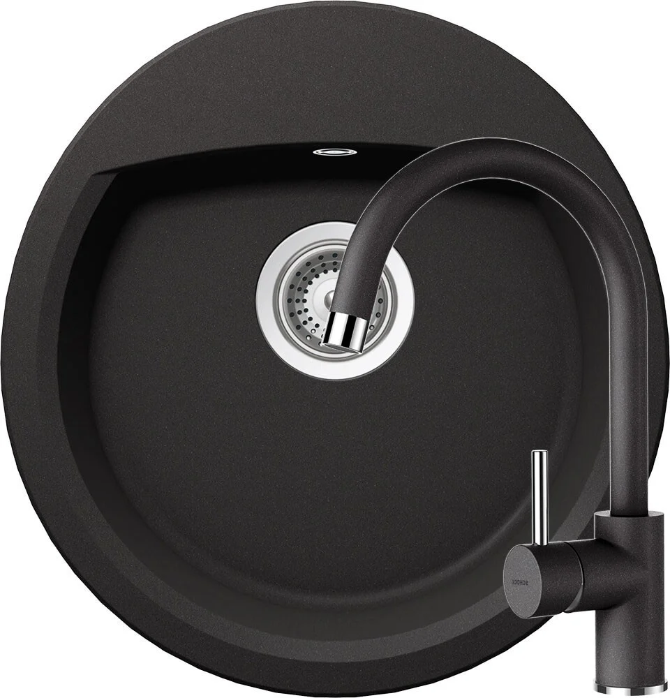 Schock Manhattan R-100 Set chiuveta bucatarie granit Cristalite Ø49 cm si baterie Plutos Nero, negru