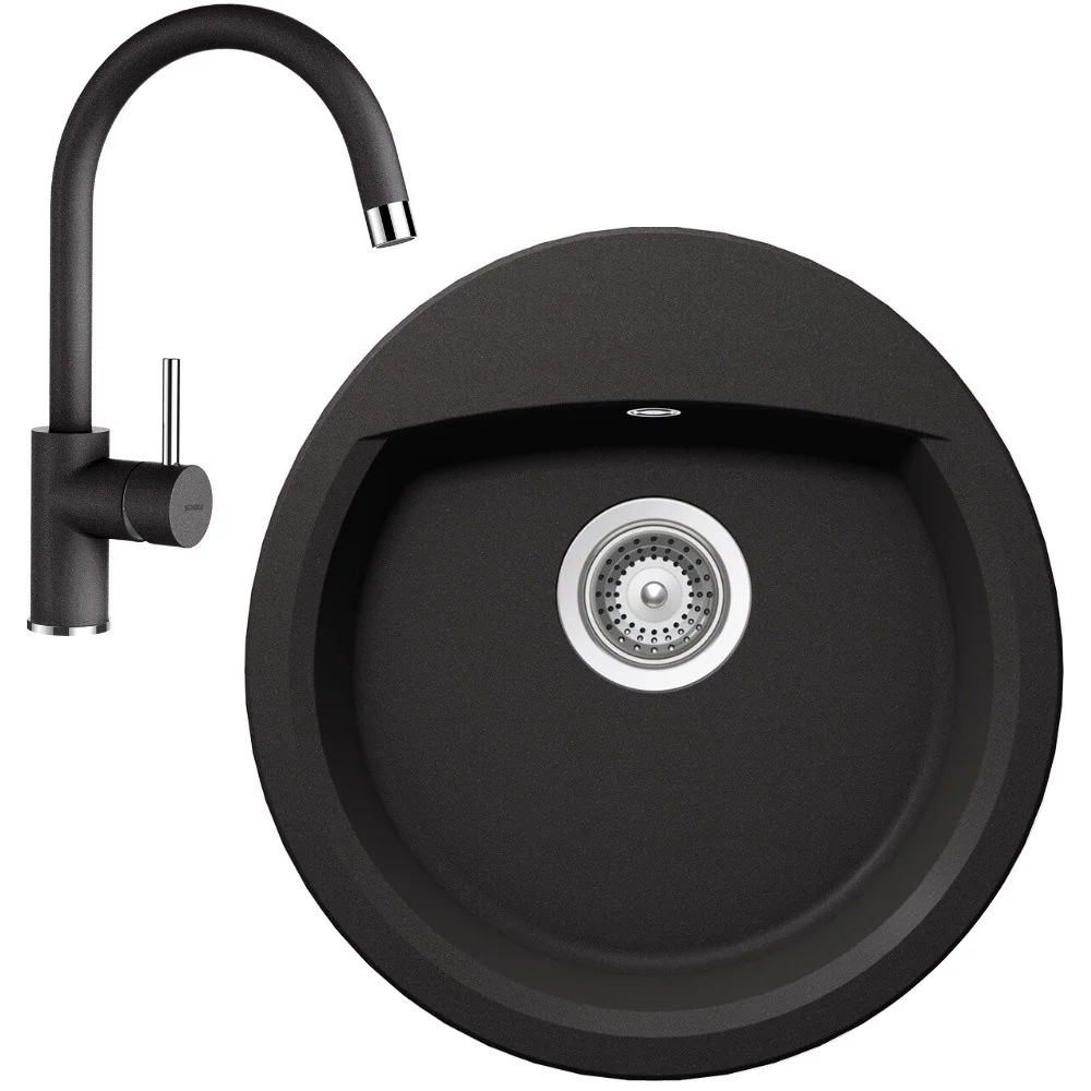 Schock Manhattan R-100 Set chiuveta bucatarie granit Cristalite Ø49 cm si baterie Plutos Nero, negru