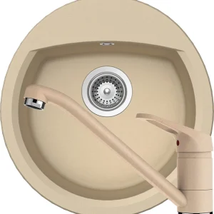 Schock Manhattan R-100 Set chiuveta bucatarie granit Cristalite Ø49 cm si baterie monocomanda Cosmo Moonstone, crem