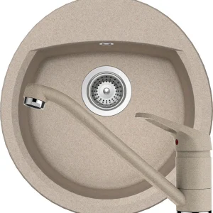 Schock Manhattan R-100 Set chiuveta bucatarie granit Cristalite Ø49 cm si baterie monocomanda Cosmo Sabbia, bej