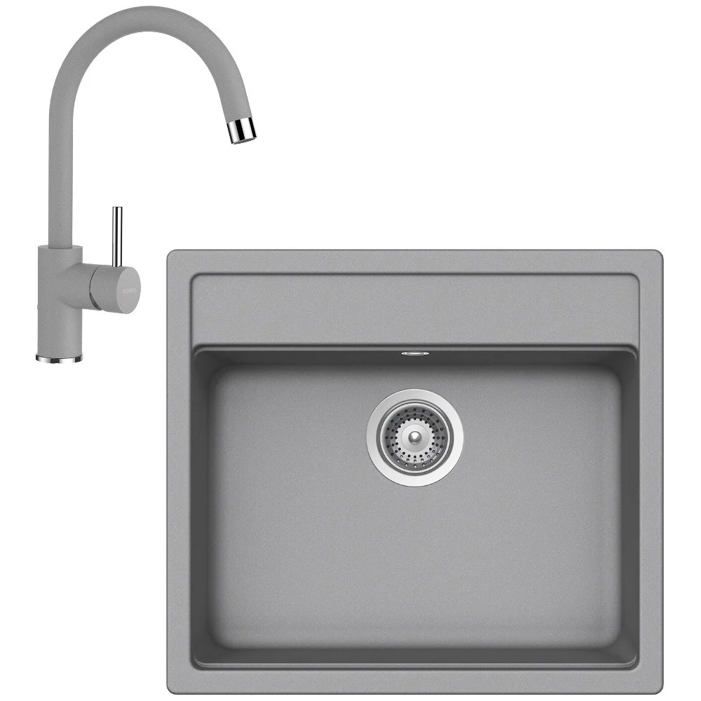 Schock Nemo N-100 Set chiuveta bucatarie granit Cristalite 57x51 cm si baterie Plutos Croma, gri deschis