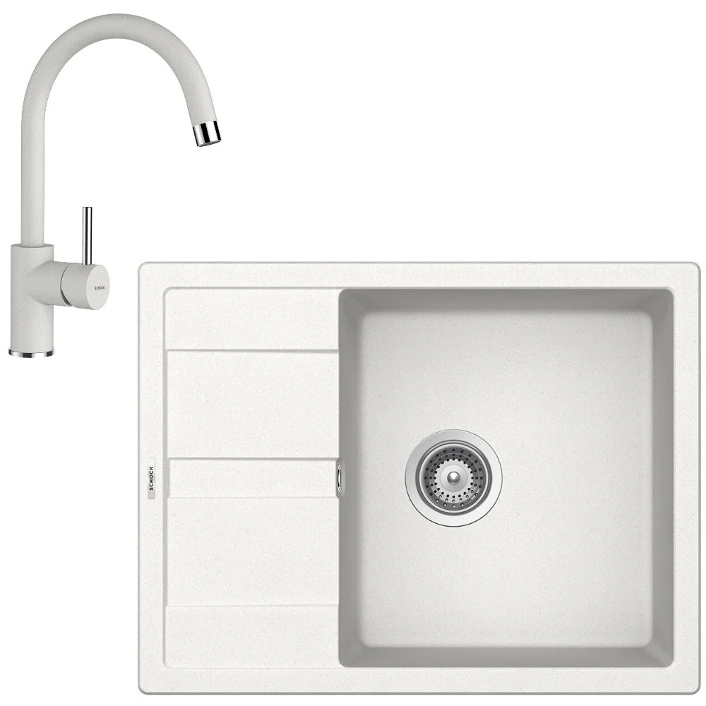 Schock Ronda D-100L Set chiuveta bucatarie granit Cristalite 65x50 cm si baterie monocomanda Plutos Alpina, alb