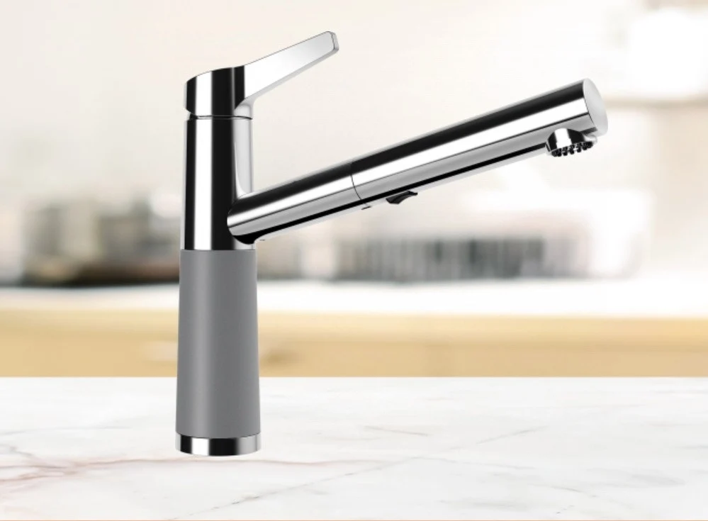 Schock SC-510 Baterie chiuveta bucatarie aspect granit Cristalite monocomanda cu dus extractibil, crom/gri (croma)